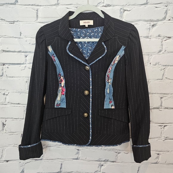 Kenzo Jackets & Blazers - Kenzo Black Pinstripe Blazer with Floral Accents